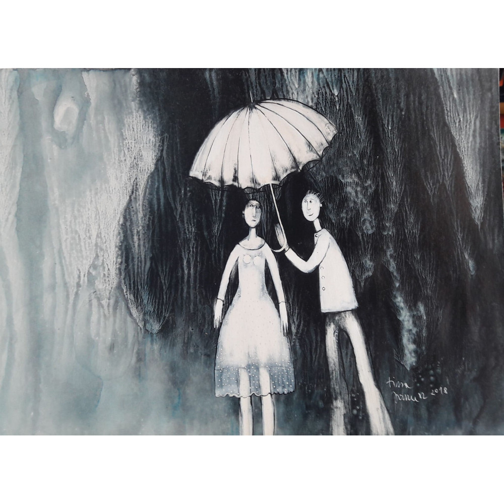 Para pod parasolem, w lekkiej sukience Janusz Klementyna