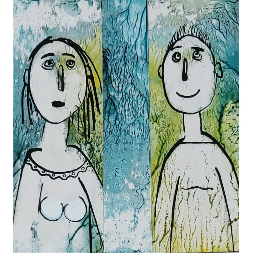 "TAK BLISKO...TAK DALEKO V to piękny rysunek przestawiający kobietę i mężczyznę na pastelowym niebiskim tle"