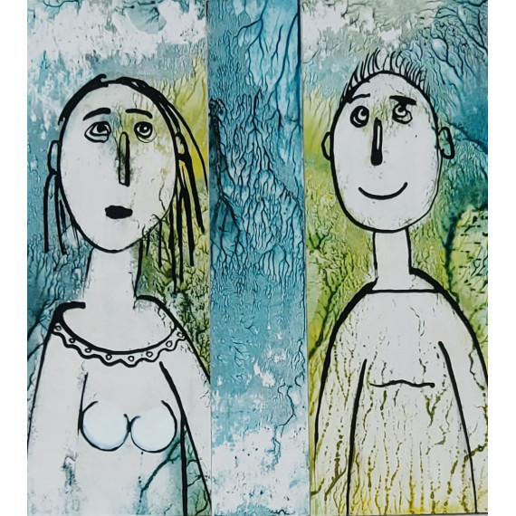 "TAK BLISKO...TAK DALEKO V to piękny rysunek przestawiający kobietę i mężczyznę na pastelowym niebiskim tle"