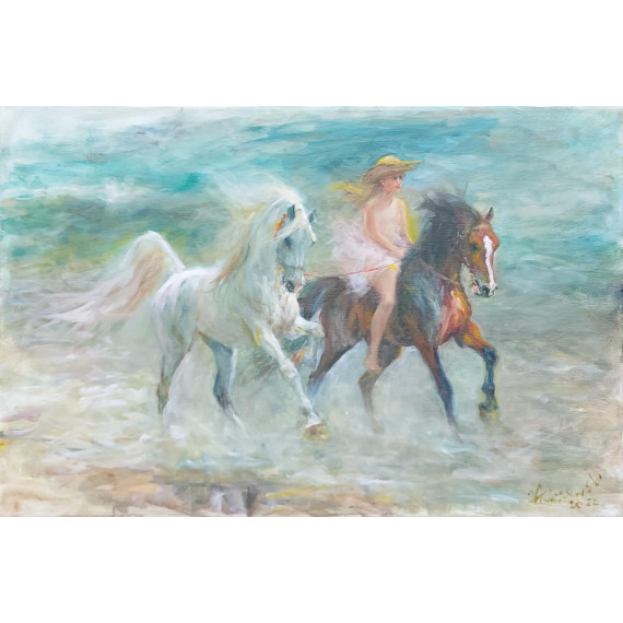 Obraz olejny ręcznie malowany, przedstawiający kobietę oraz dwa konie w galopie w morskiej scenerii "
