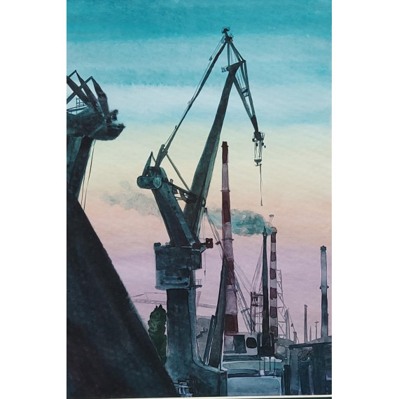 Olga Żołnierowicz- Akwarela- Gdynia, Żuraw o brzasku (2023) 37×28cm - Galeria Sztuki Online
