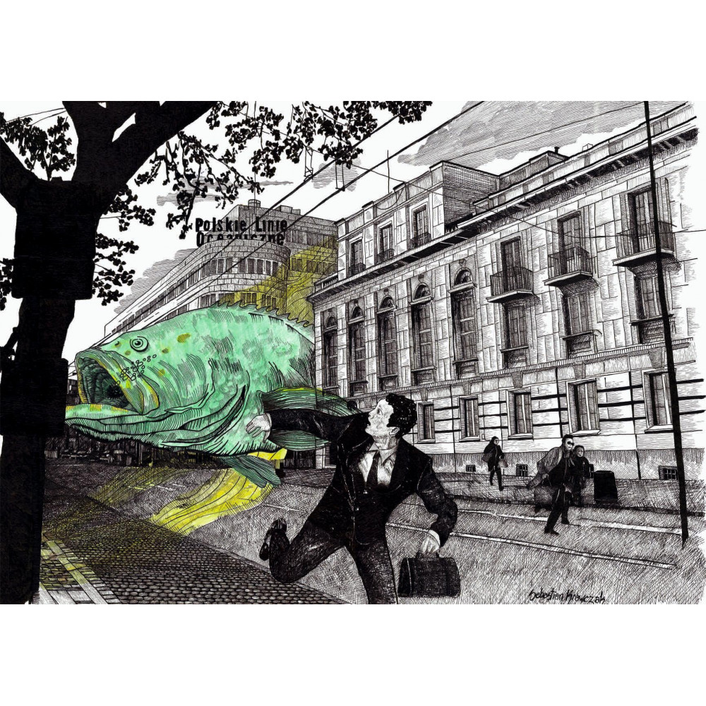 Tytuł       "Karp na 10- Lutego"
Technika   Rysunek tuszem
Wymiary   50×70cm
Rok            2023