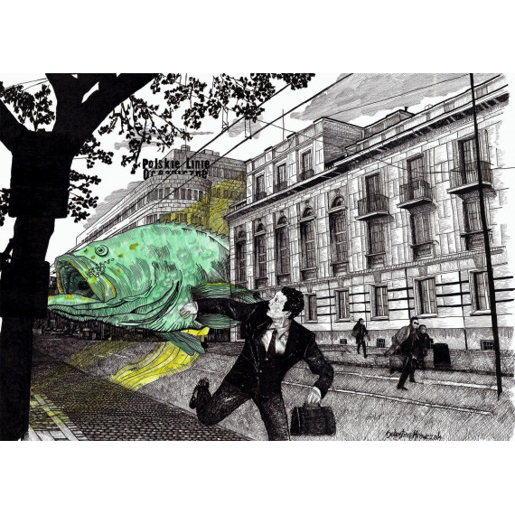 Tytuł       "Karp na 10- Lutego"
Technika   Rysunek tuszem
Wymiary   50×70cm
Rok            2023