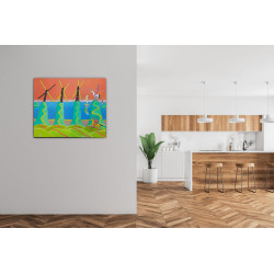 Akryl na płótnie oprawiony w prostą nowoczesną ramę.