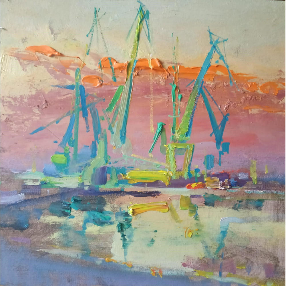 GDANSK. PORTOWE ZÓRAWIE (2023) 25×25cm. - Olej na płótnie