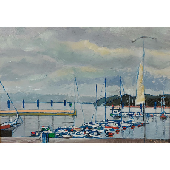 Akryl na płótnie oprawiony w passe-partout i ramę szerokości 10cm.