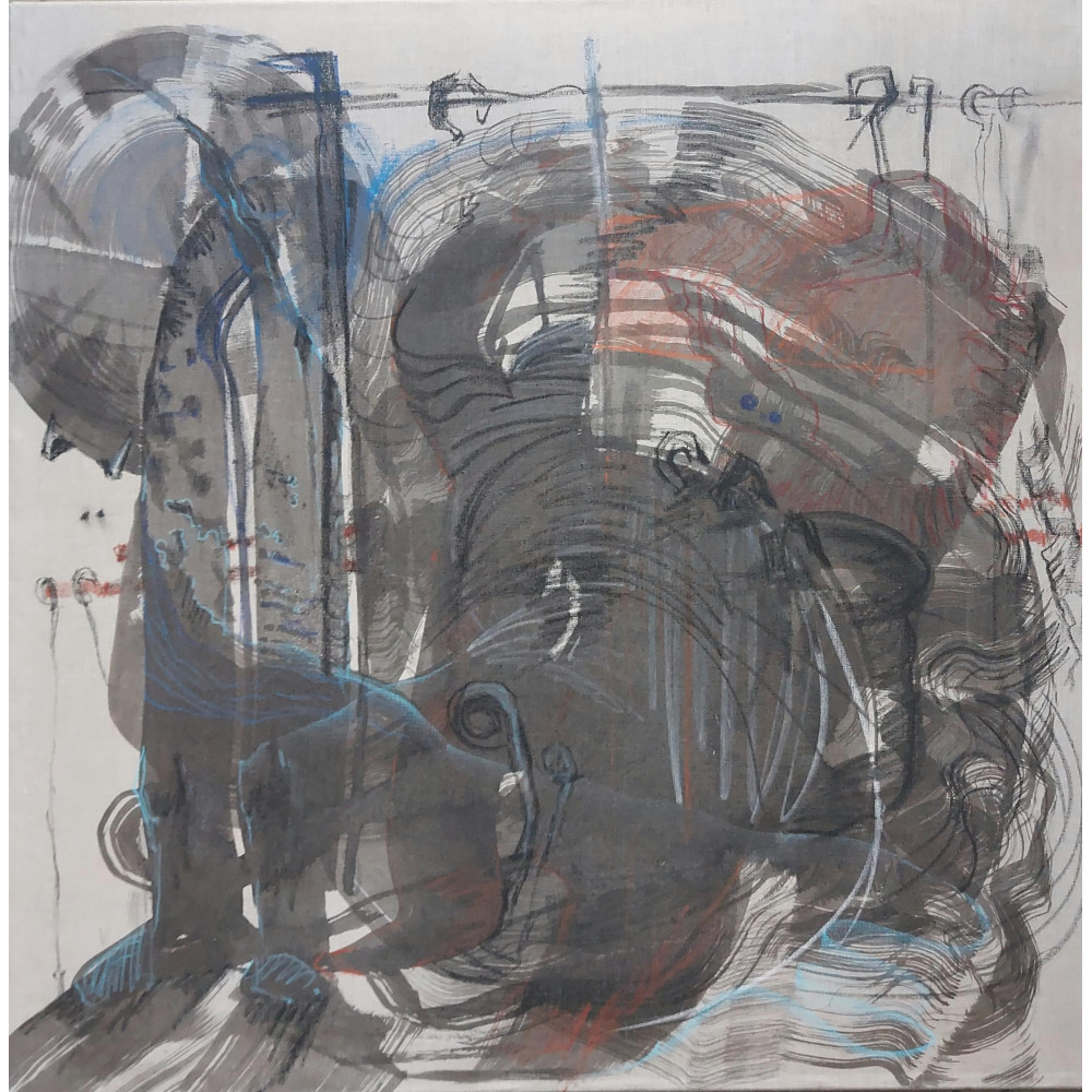 Abstrakcja (2023) 100×100cm- akryl, tusz, pastela