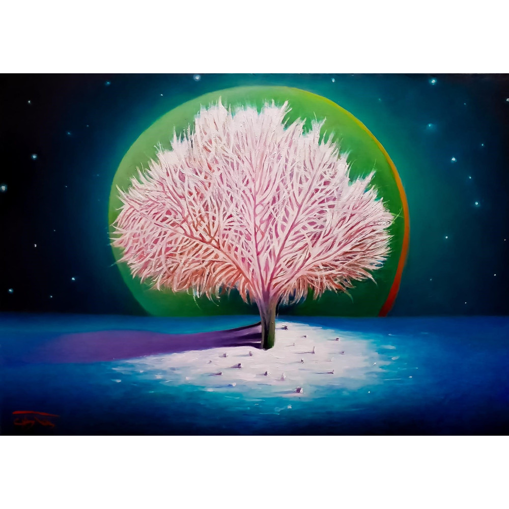 Święte drzewo (2024) o wymiarach  44x62cm autorstwa Jacka Tarnowskiego, piękna kolorystyka, obrazu przenosi w swiat magii.