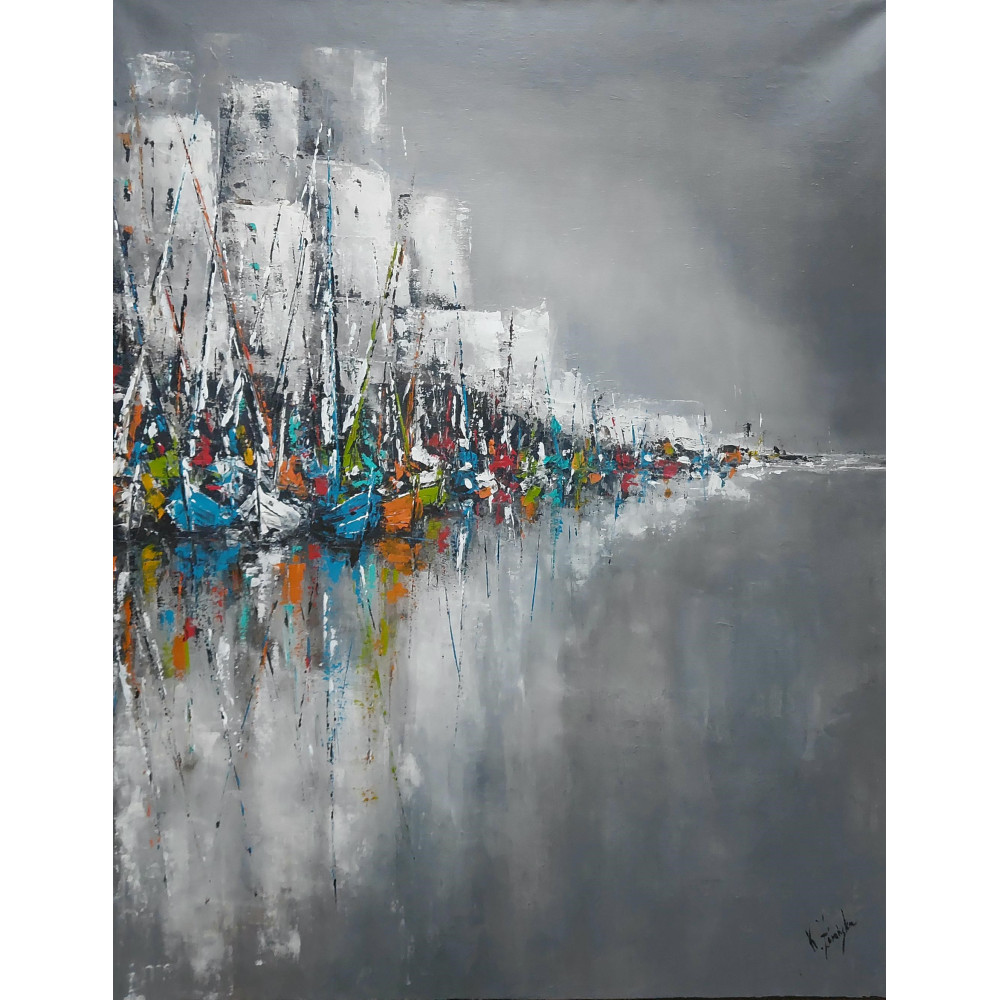Jachty w przystani (2023), 100×80cm piękny Pejzaż  w technice Akryl na płótnie autorstwa Kinga Żurańska
