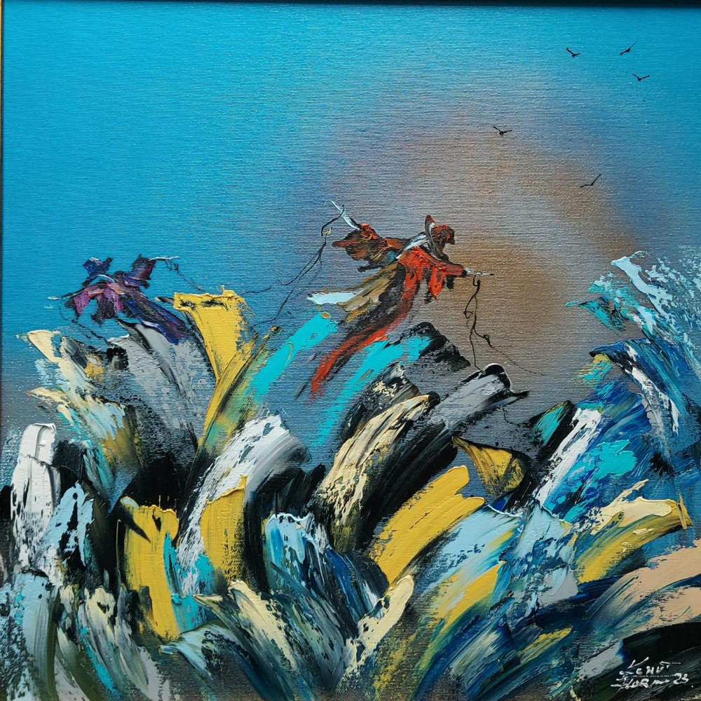 Strachy w niebieskim (2023) - 58×58cm  wykonany w technice Olej na płótnie