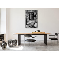 Obieracze Cytryn - Czarno Biały Linoryt autorstwa Barbary Leszczyńskiej o wymiarach 80x55cm