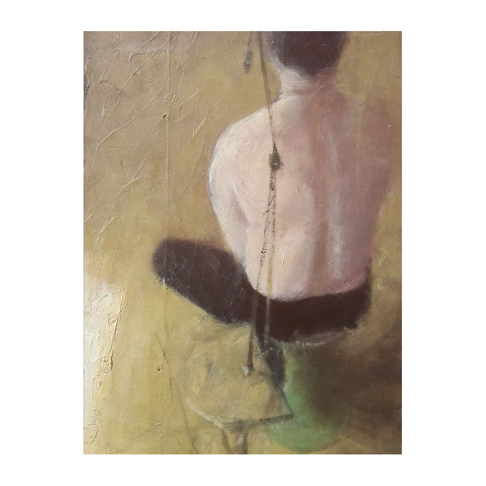 Postać, wędkarz,  33.5x43 cm - Obraz olejny na płycie autorstwa Silwoński Maciej