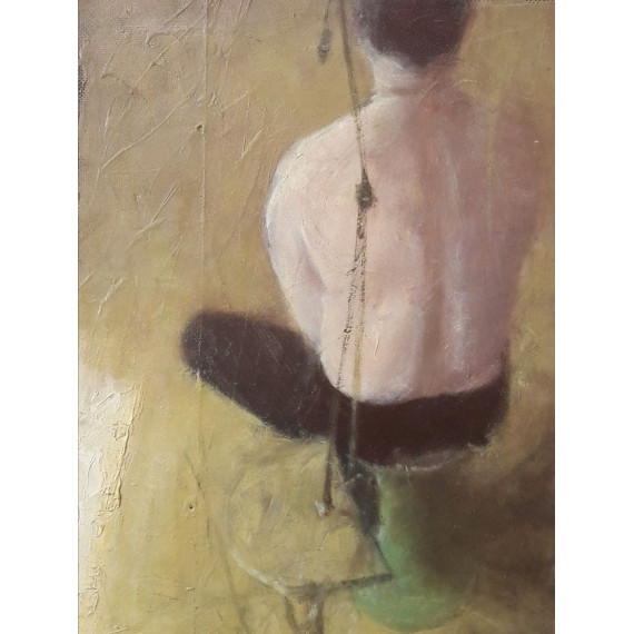 Postać, wędkarz,  33.5x43 cm - Obraz olejny na płycie autorstwa Silwoński Maciej