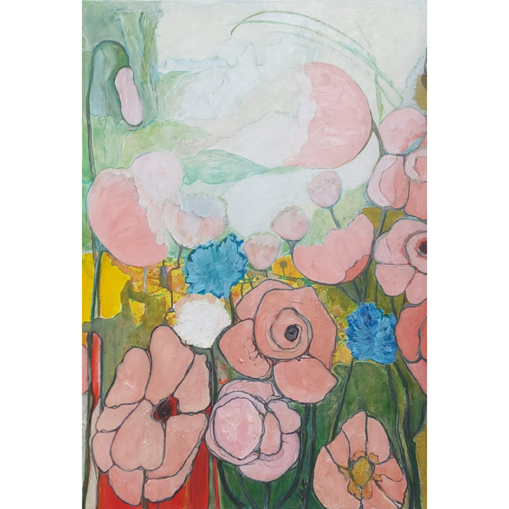 Obraz Akrylowy w pastelowych barwach. Przedstawiający Ogród Kwiatowy o wymiarach 70x100cm