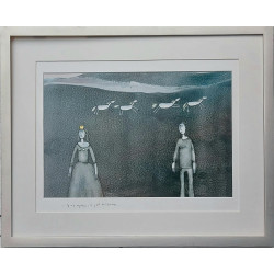 Obraz wykonany gwaszem autorstwa Klementyny Janusz przedstawiający pare zakochanych  na czarnobiałym tle i konikami