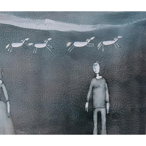 Obraz gwaszem autorstwa Klementyny Janusz przedstawiający parę kobietę i mężczyznę  na czarnobiałym tle i konikami