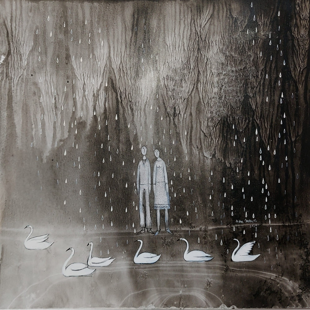 Czarno biały obraz w gwaszu 'Spacer w Kroplach Wiosennego Deszczu' Autorstwa  Janusz Klementyna