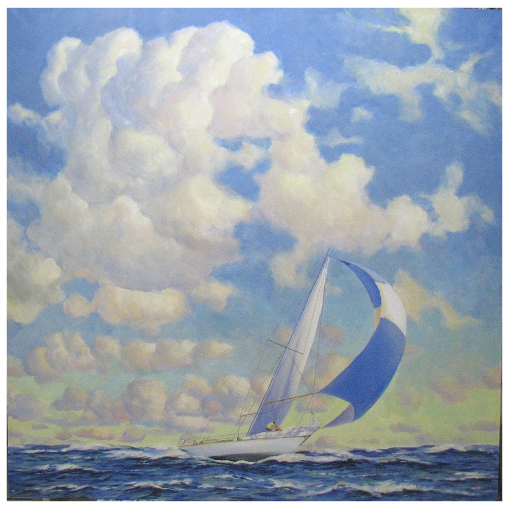 Olej na płótnie o wymiarach 100x100cm zatytułowany "Z wiatrem" autorstwa Kossova Irina