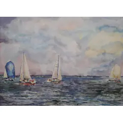 Pastelowy Pejzaż marynistyczny przedstawiający zaglówki na morskim tle o wymiarach 74×93cm. autorstwa Bełczykowski Artur