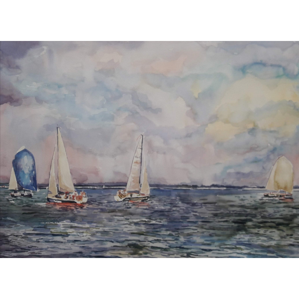 Pastelowy Pejzaż marynistyczny przedstawiający zaglówki na morskim tle o wymiarach 74×93cm. autorstwa Bełczykowski Artur