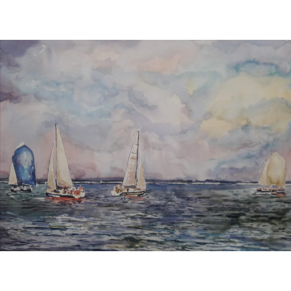 Pastelowy Pejzaż marynistyczny przedstawiający zaglówki na morskim tle o wymiarach 74×93cm. autorstwa Bełczykowski Artur