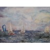 Pastelowy Pejzaż marynistyczny przedstawiający zaglówki na morskim tle o wymiarach 74×93cm. autorstwa Bełczykowski Artur