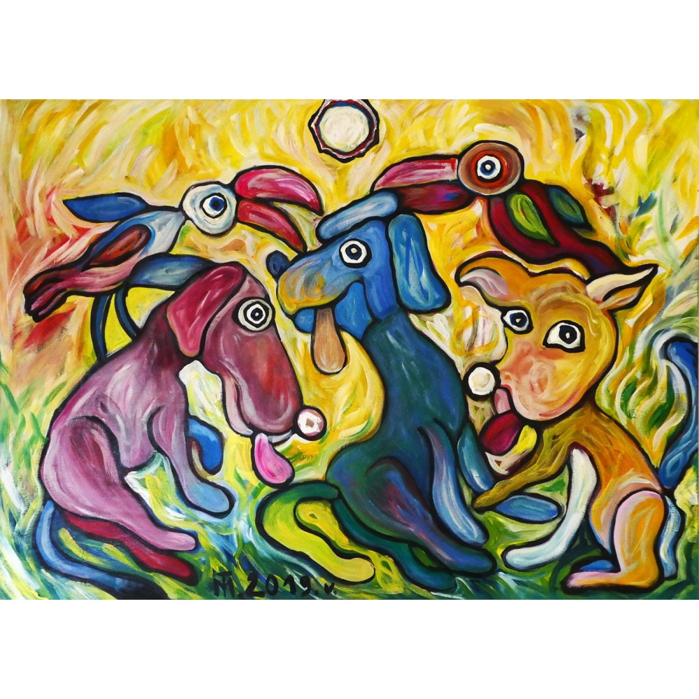 Kolorowe psiaki Trela Magdalena Kolorowe psiaki - DUŻY OBRAZ, Olej na płótnie o wymiarach 100x140