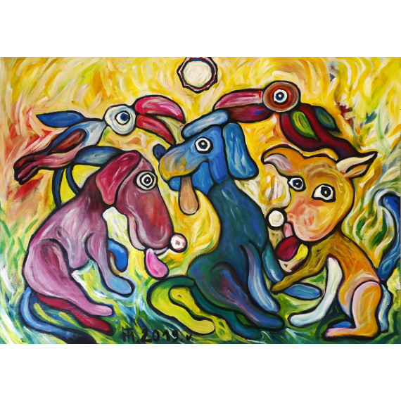Kolorowe psiaki Trela Magdalena Kolorowe psiaki - DUŻY OBRAZ, Olej na płótnie o wymiarach 100x140
