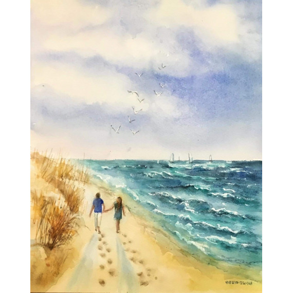 Pastelowa Akwarela przedstawiająca spacer pary plażą. Wymiary obrazu 53x43cm autorstwa Niewinowska Bożenna