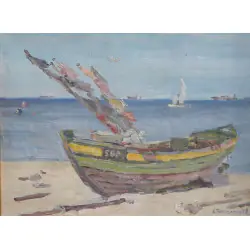 Łódź na sopockim wybrzeżu Tkachenko Sergei olej na płótnie 50x40cm