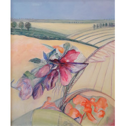 Pola na wzgórzach  60x70 cm piękny Pejzaż z kwiatem autorstwa  Bartoszewicz Zofii
