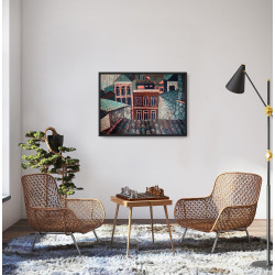 "Porto" Linoryt autorstwa Barbary Leszczyńskiej o wymiarach 70x95cm w stonowanych barwach , brązowy, zielony, szary