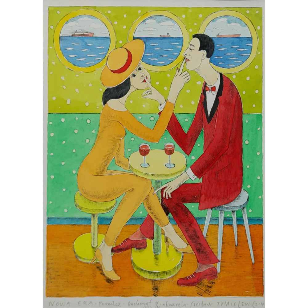 Grafika Czesława Tumielewicza Nowa Era Pomilcz, przedstawiająca parę zakochanych