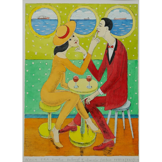 Grafika Czesława Tumielewicza Nowa Era Pomilcz, przedstawiająca parę zakochanych