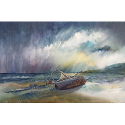 Pastelowa Akwarela "Po sztormie" autorstwa  Olszewski Tomasz. Obraz przedstawia Łódź na tle morza