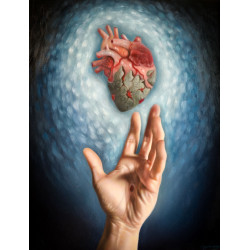 Obraz olejny „Uzdrowienie” Pawła Orzechowskiego, 60×40 cm – dłoń i serce w symbolicznej kompozycji