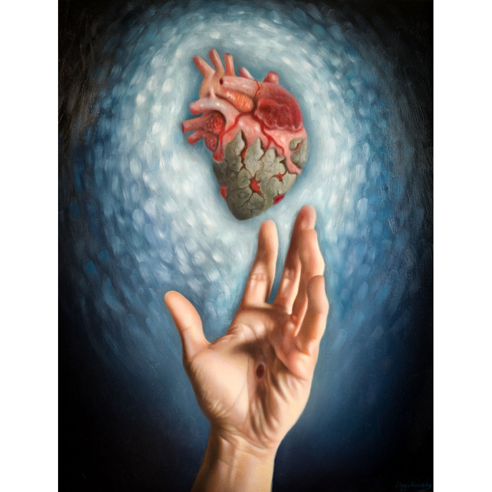 Obraz olejny „Uzdrowienie” Pawła Orzechowskiego, 60×40 cm – dłoń i serce w symbolicznej kompozycji