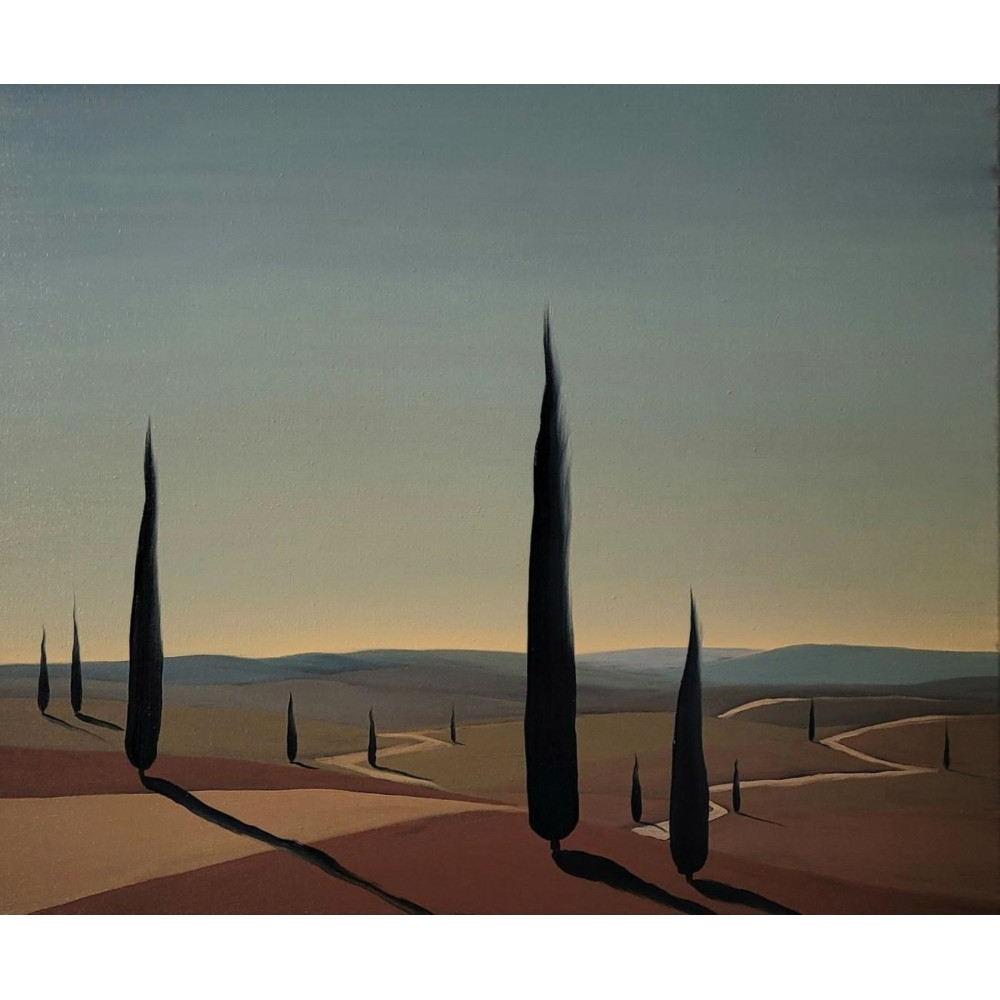 Obraz „Val di Orcia VII” Jacka Malinowskiego – toskański pejzaż z cyprysami, olej na płótnie