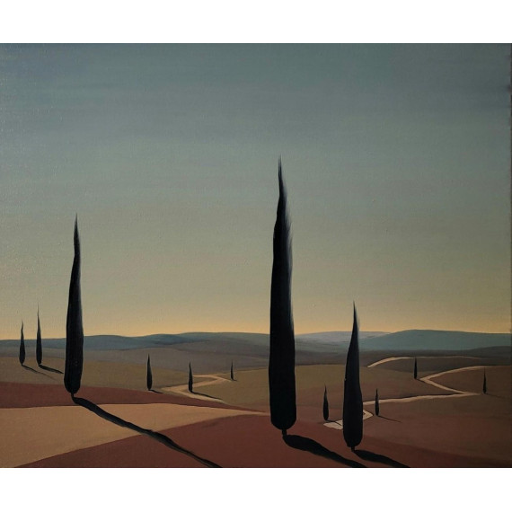 Obraz „Val di Orcia VII” Jacka Malinowskiego – toskański pejzaż z cyprysami, olej na płótnie