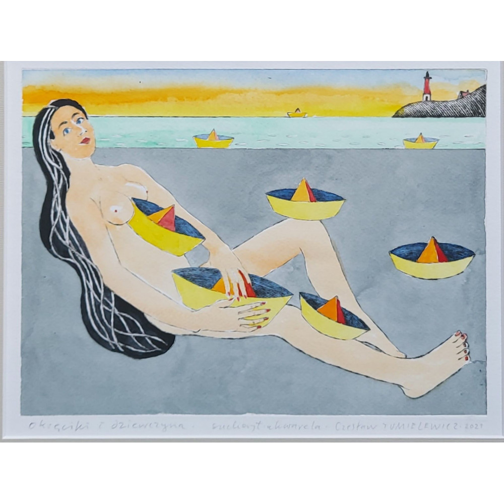 Okręciki i dziewczyna 30cmx40cm Tumielewicz Czesław