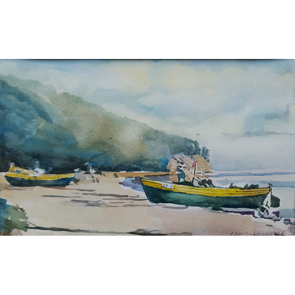 TYTUŁ (TITLE) ŁODZIE PRZY KLIFIE W ORŁOWIE,30×40cm Bełczykowski Artur