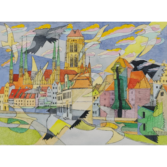 GDAŃSK, WIDOK Z OŁOWIANKI 30x40cm Tumielewicz Czesław