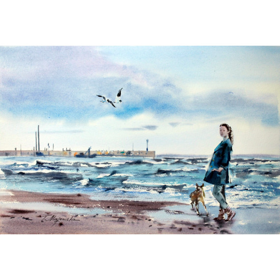 Spacer Po plaży to pastelowa Akwarela ukazująca spacerującą kobietę z psem brzegiem morza.