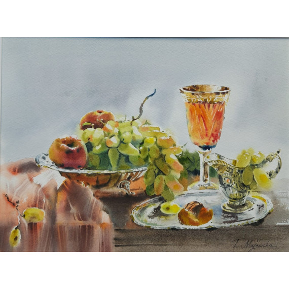 MARTWA NATURA Z WINEM W KRYSZTAŁOWYM KIELISZKU 42cmx52cm Majewska Tatiana
